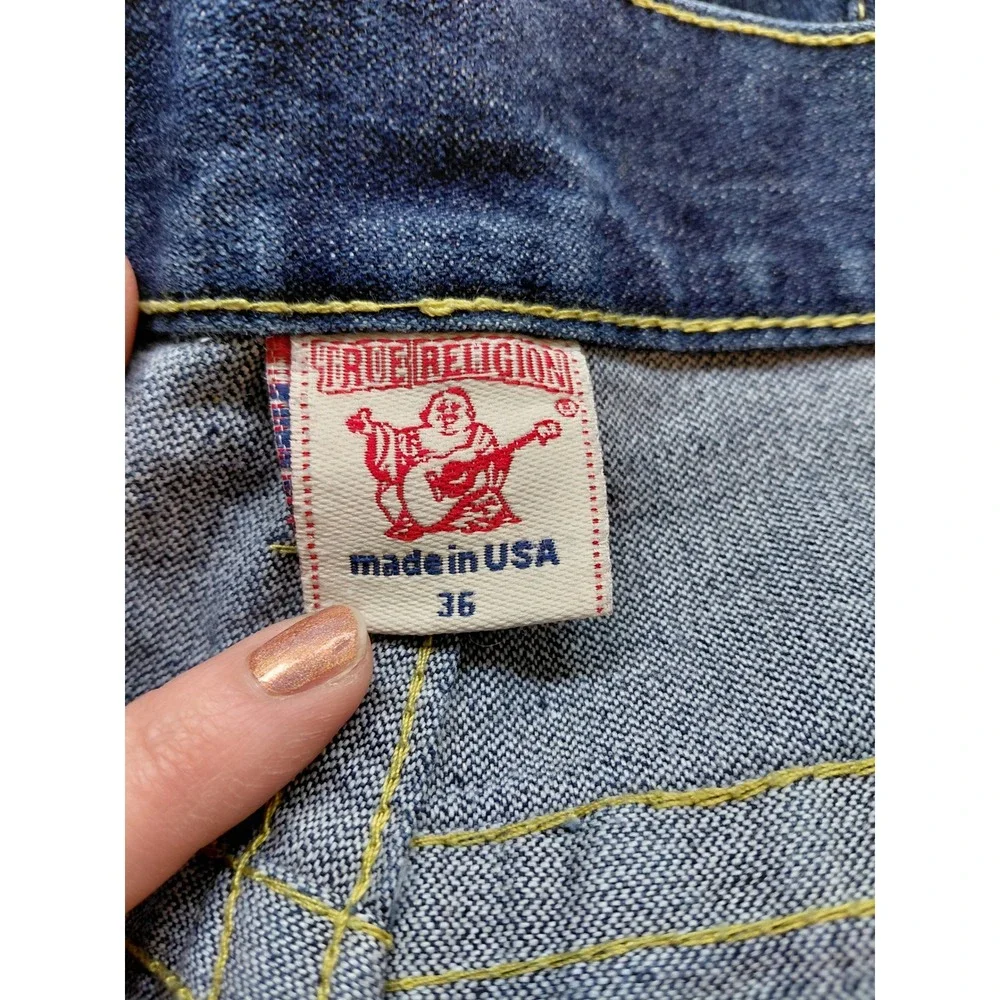 True Religion Billy Super T Mens Straight Leg Jeans Blue Yellow Stitch USA 36